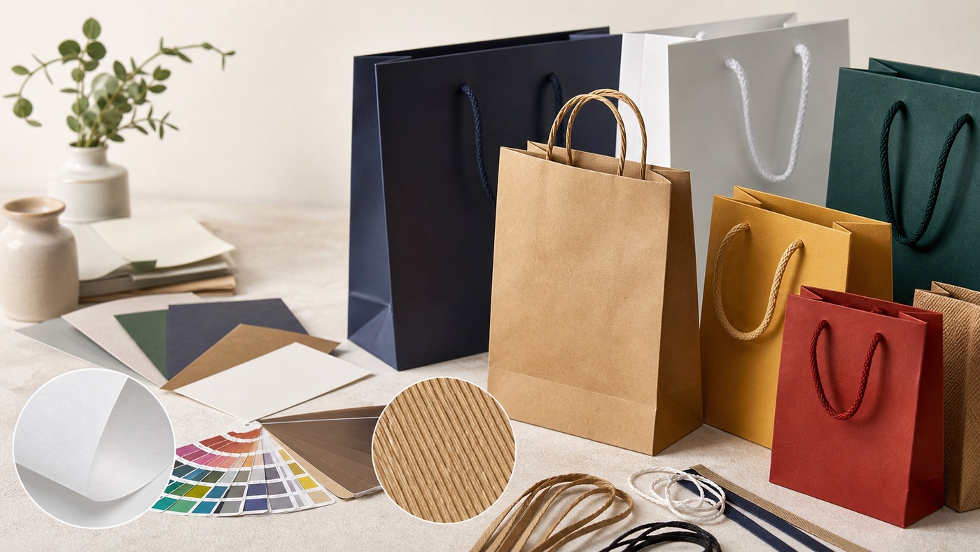 Paper bag material samples and custom printed paper bags